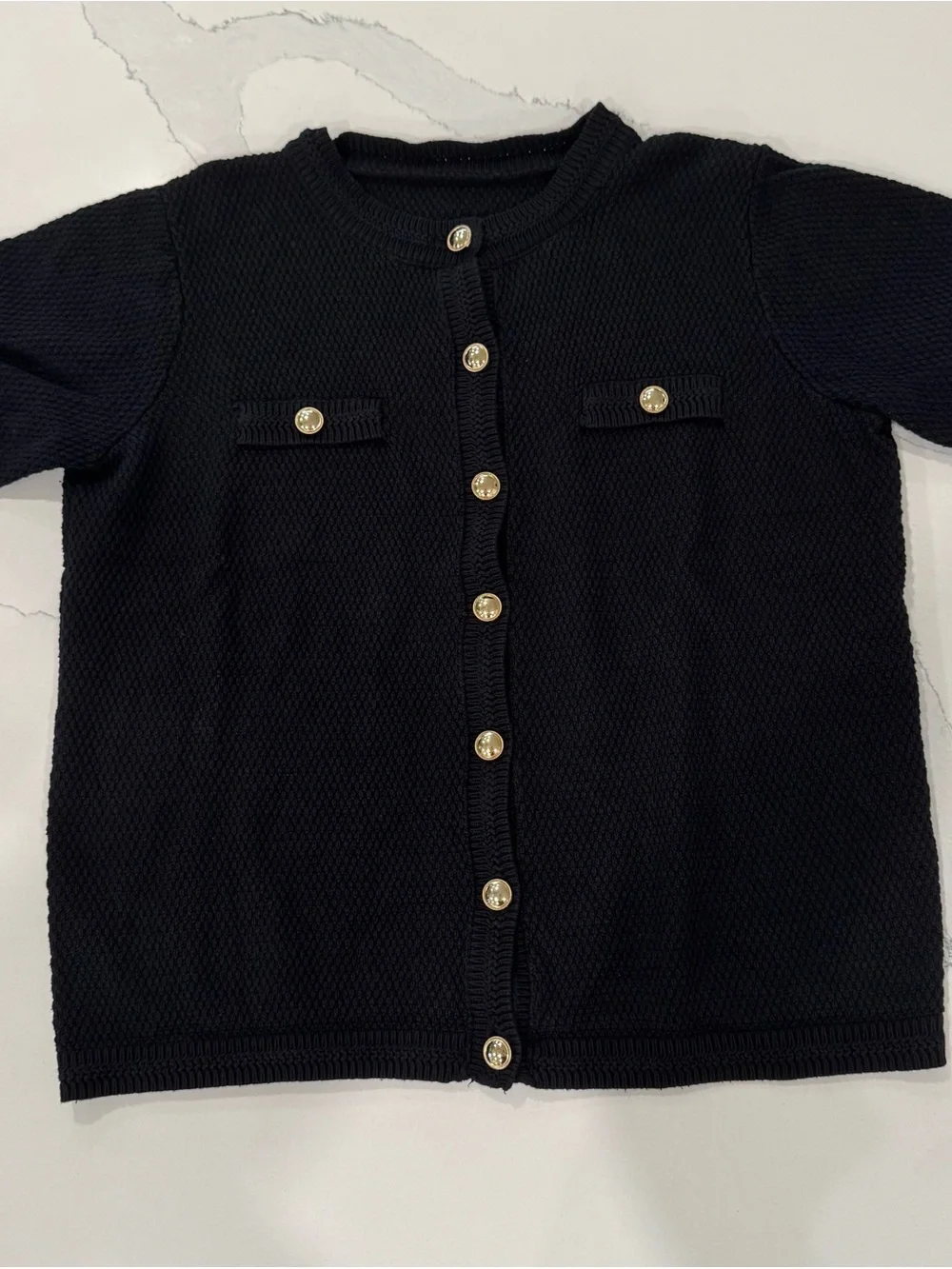 Vintage Classic Black Knit Short Sleeve Cardigan for with Gold Buttons